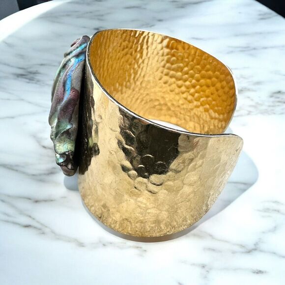 Vintage Raku Ceramic 80s Wide Cuff Bracelet Brutalist Gold Tone Metallic Glazed - Picture 5 of 6